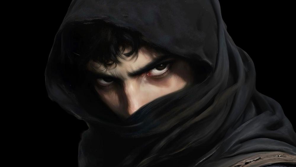 Shadowed Assassin Gaze in Dark Fantasy Digital Painting wallpaper