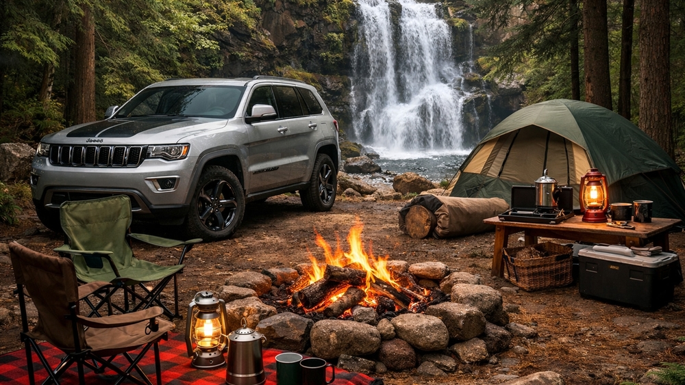 Jeep Grand Cherokee Campfire Retreat Beside a Forest Waterfall wallpaper