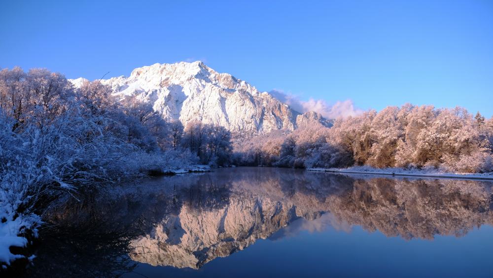 Winter Mirror at Kagami-ike Pond Nagano Under Clear Blue Sky wallpaper