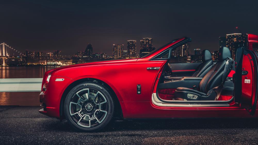 Crimson Rolls Royce Convertible Night Skyline Luxury 8K Wallpaper wallpaper