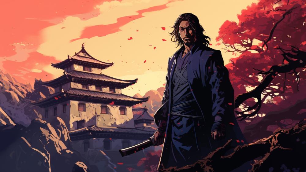 Ronin at Crimson Dusk Over Mountain Castle wallpaper
