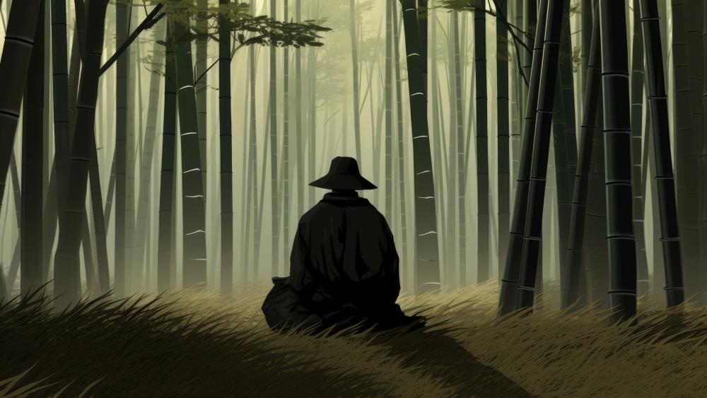 Silent Wanderer in Misty Bamboo Grove Anime Silhouette 5K wallpaper