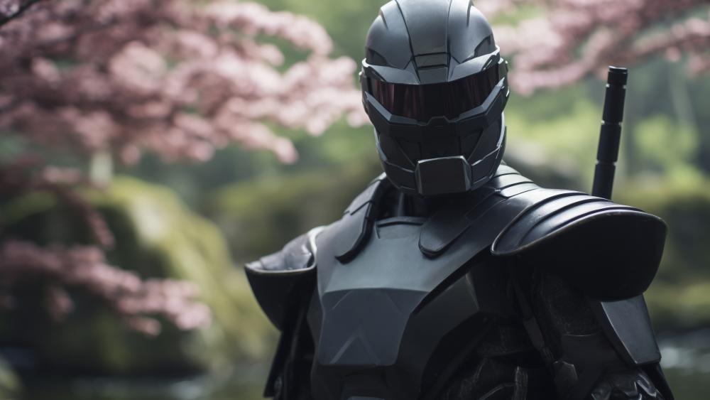 Silent Guardian in Black Armour Beneath Blooming Sakura Skies wallpaper