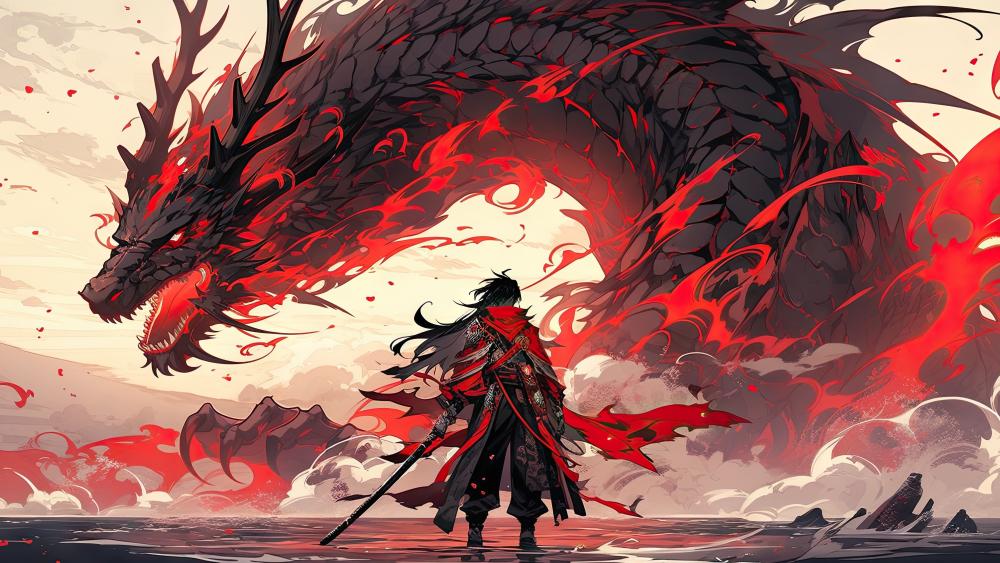 Crimson Oath Samurai Facing the Infernal Shadow Dragon wallpaper