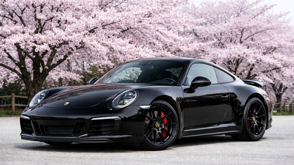 Midnight Black Porsche Supercar Under Cherry Blossom Canopy wallpaper