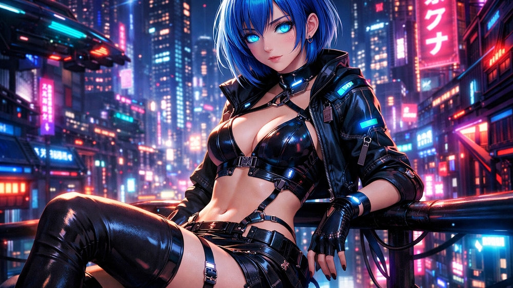 Neon Night Siren Blue Haired Cyberpunk Anime Beauty wallpaper