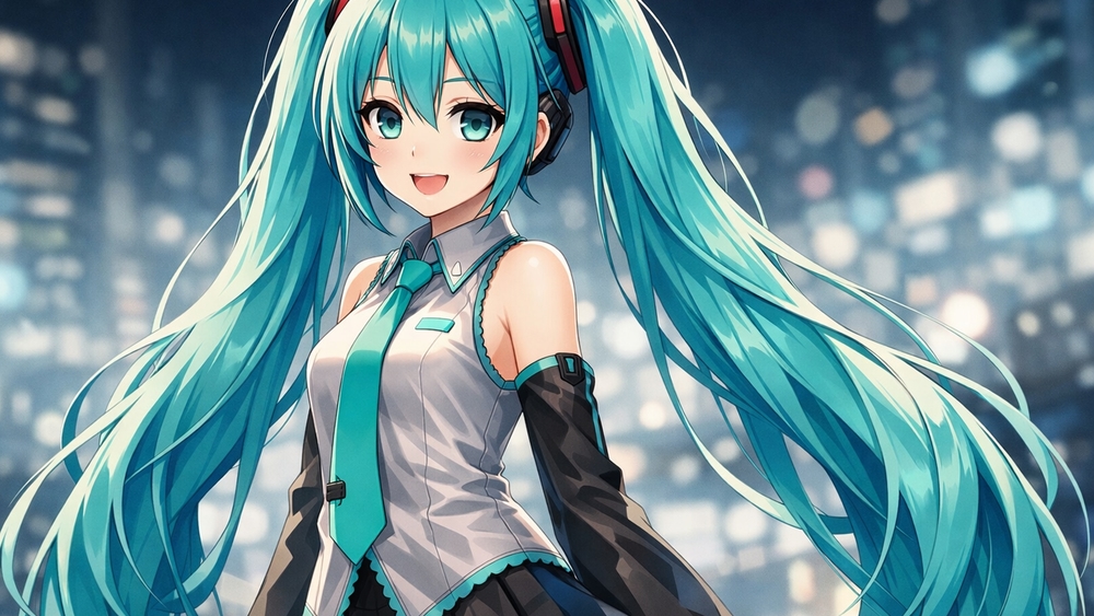 Neon Idol with Flowing Twin Tails in Dreamy City Lights wallpaper