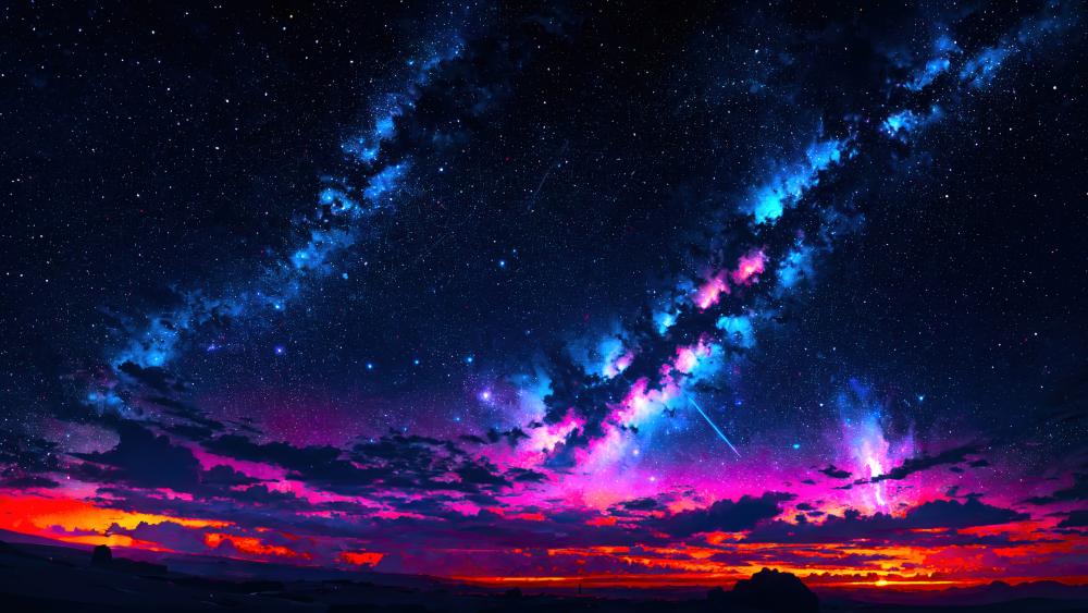 Celestial Anime Night Sky With Neon Horizon Glow wallpaper