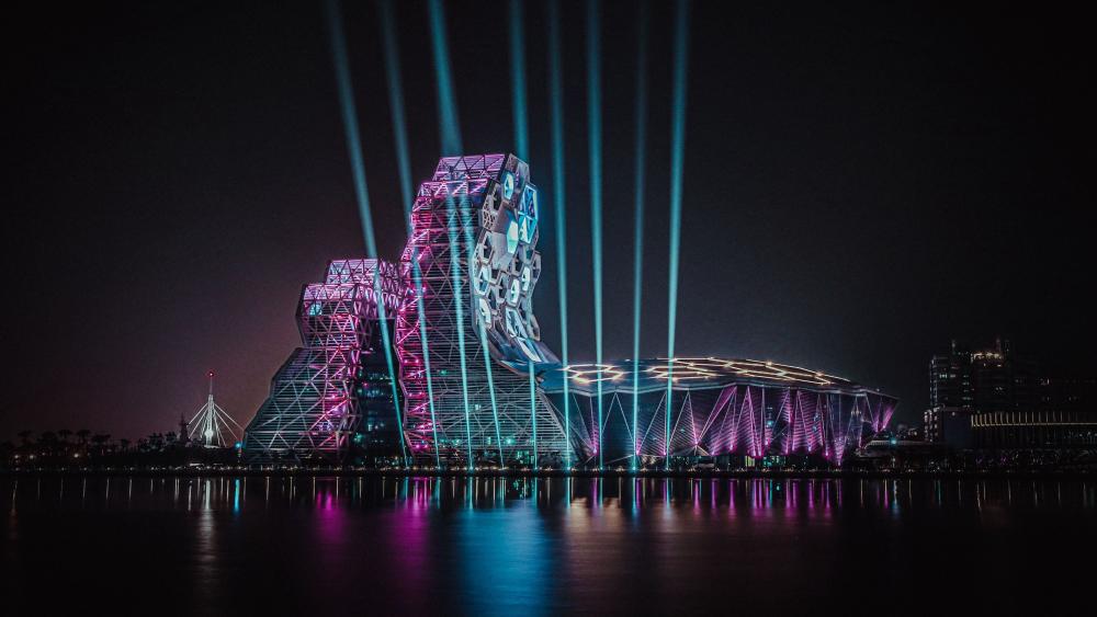 Neon Symphony Over Love River Bay Kaohsiung Music Center at Night wallpaper
