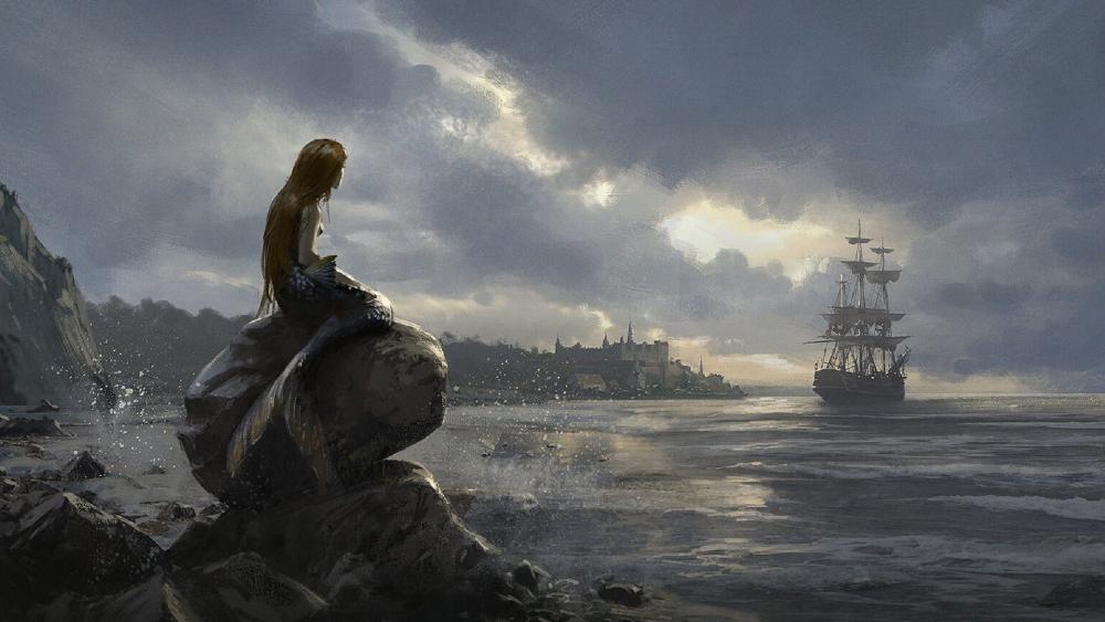Mermaid Sentinel Watching a Tall Ship Through Stormlit Seas wallpaper