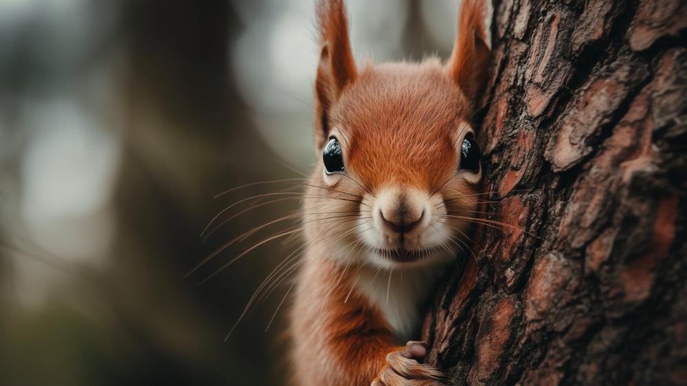 Bright Eyed Squirrel Close Up on Forest Bark wallpaper