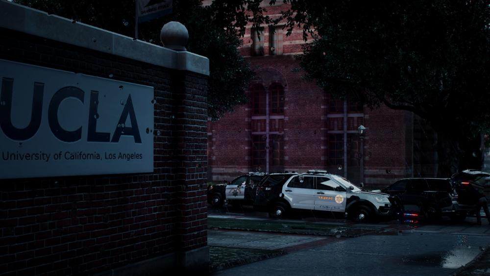 UCLA Campus Patrol in the Rainy Evening Glow wallpaper