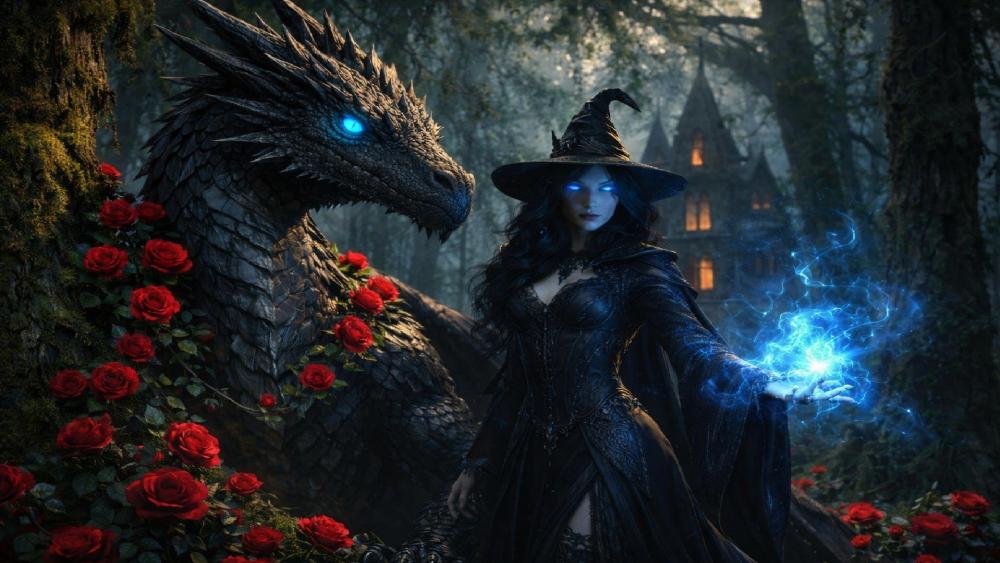 Moonlit Witch and Dragon Guardian in the Enchanted Forest wallpaper