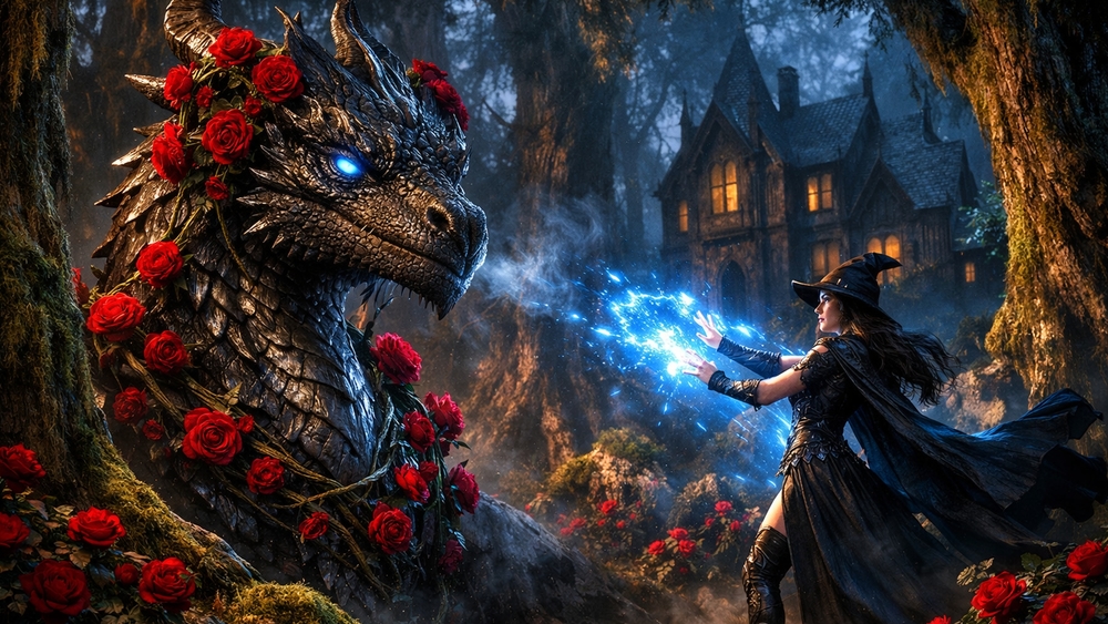 Enchanted Rose Crowned Dragon Meets the Witch of Blue Fire wallpaper