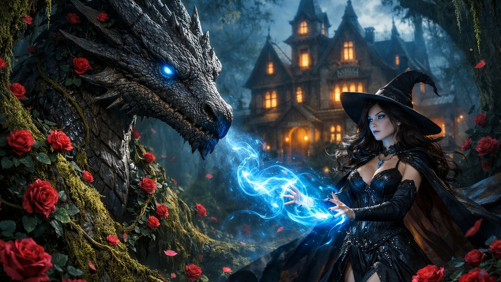 Enchanted Witch and Blue Eyed Dragon Beside a Haunted Manor wallpaper