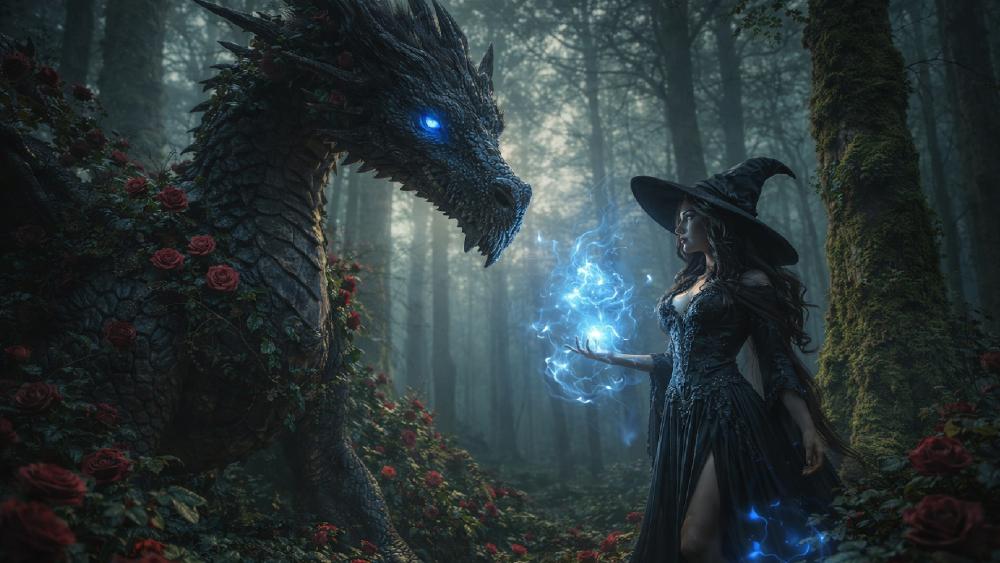 Enchanted Forest Encounter Between Witch and Sapphire Eyed Dragon wallpaper