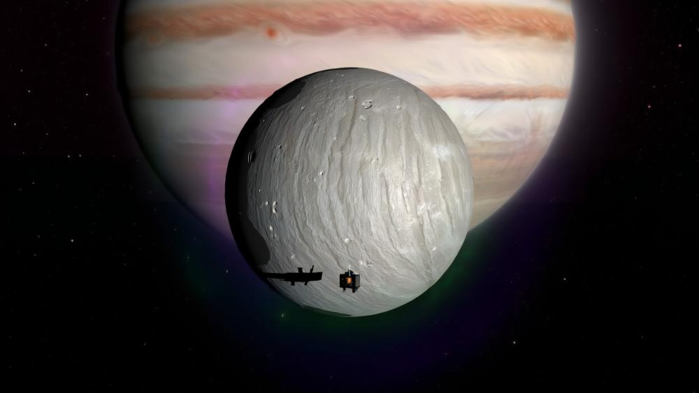 Ganymede Drifting Before Jupiter in Deep Space 5K Wallpaper wallpaper