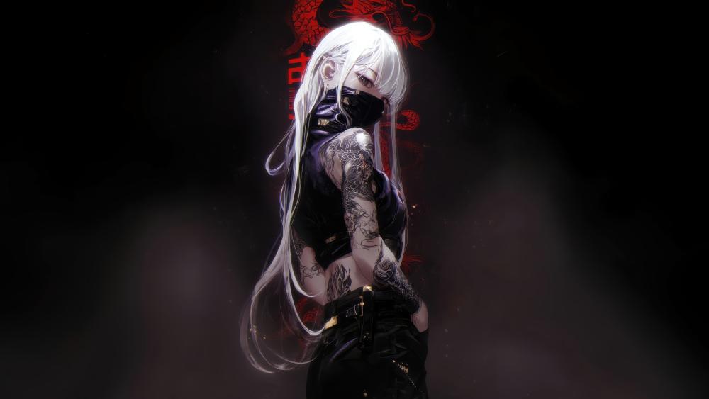 White Haired Masked Gothic Anime Girl With Tattooed Elegance In 4K wallpaper