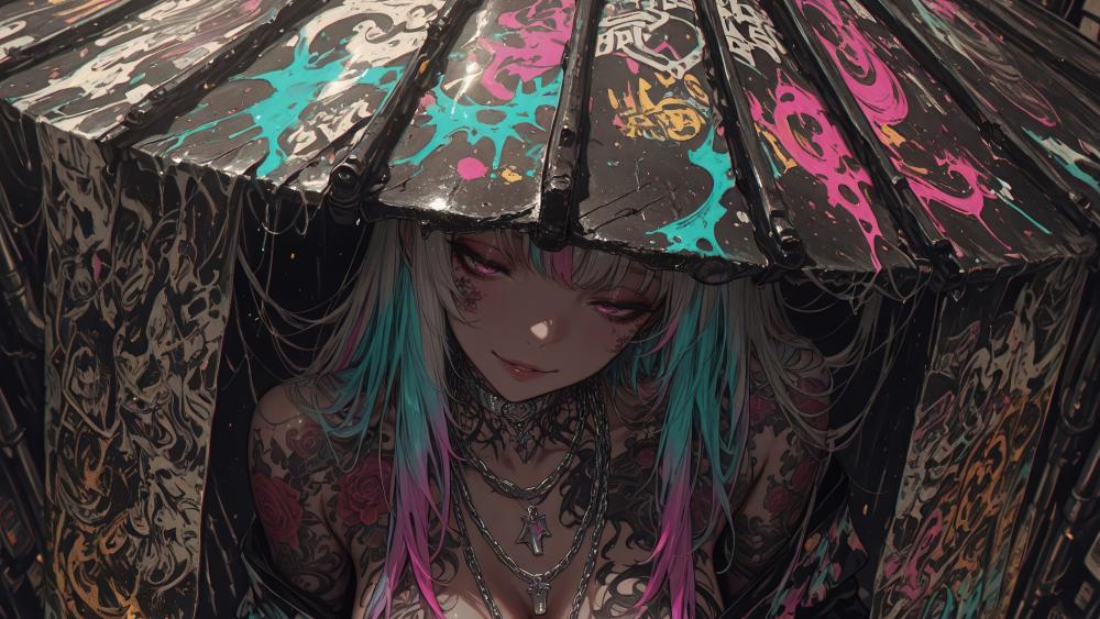 Neon Ink Rainfall Under a Splashed Umbrella wallpaper