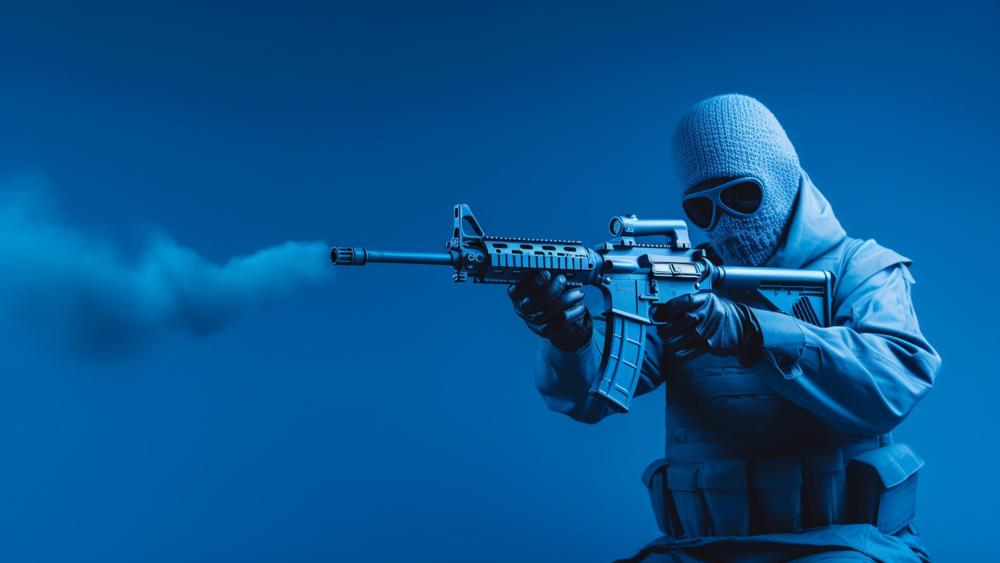 Blue Tinted Masked Soldier Aiming Rifle In Tactical Silence wallpaper