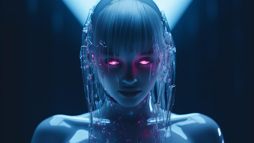 Neon Seraph with Pink Glowing Eyes in Cyberpunk Night wallpaper