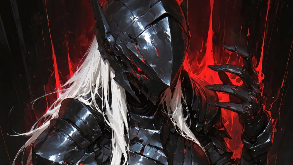 White Haired Black Knight in Crimson Emberstorm 4K Anime Art wallpaper