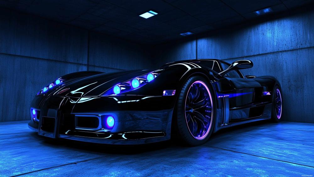 Neon Blue Midnight Black Supercar in 4K AI Art wallpaper