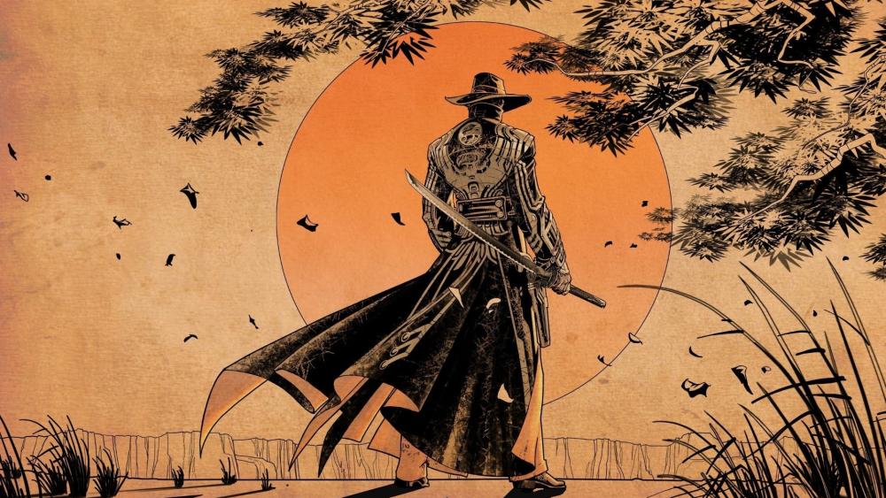 Wandering Samurai Under Burning Sun in Oriental Ink Fantasy wallpaper