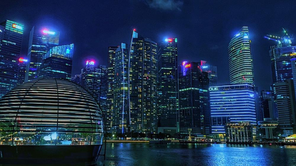 Neon Marina Bay Skyline Over Singapore Waters at Night wallpaper