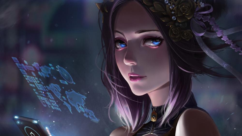 Neon Hologram Dreamer in a Futuristic Anime Nightscape wallpaper