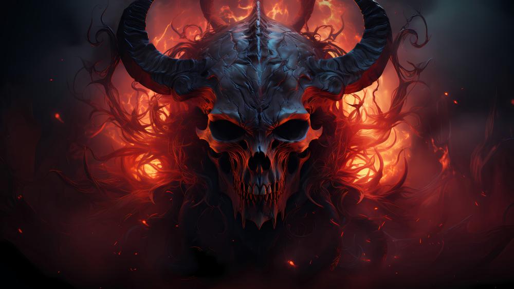 Infernal Horned Skull Demon in Burning Shadows 4K Fantasy Wallpaper wallpaper