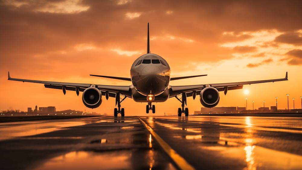 Sunset Runway Takeoff Jet Reflections in Cinematic 5K AI Art wallpaper