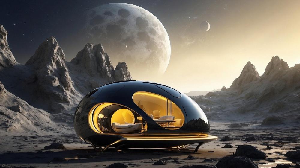 Lunar Horizon Futuristic Cabin Retreat on an Alien World wallpaper