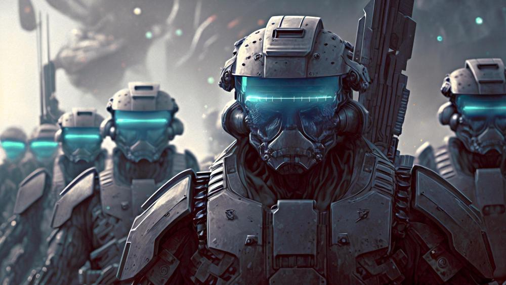 Neon Visored Robot Legion Marching Through a Stormy Battlefield wallpaper