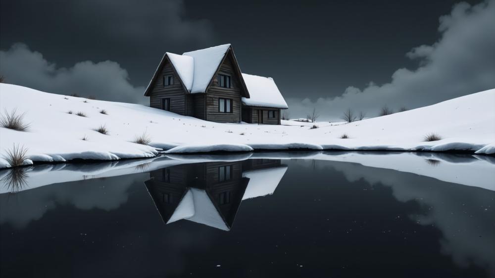 Silent Winter Cabin Reflected in a Glassy Snowbound Lake wallpaper