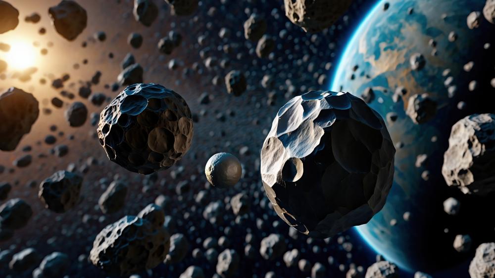 Drifting Through a Sunlit Asteroid Field Above a Blue Planet wallpaper
