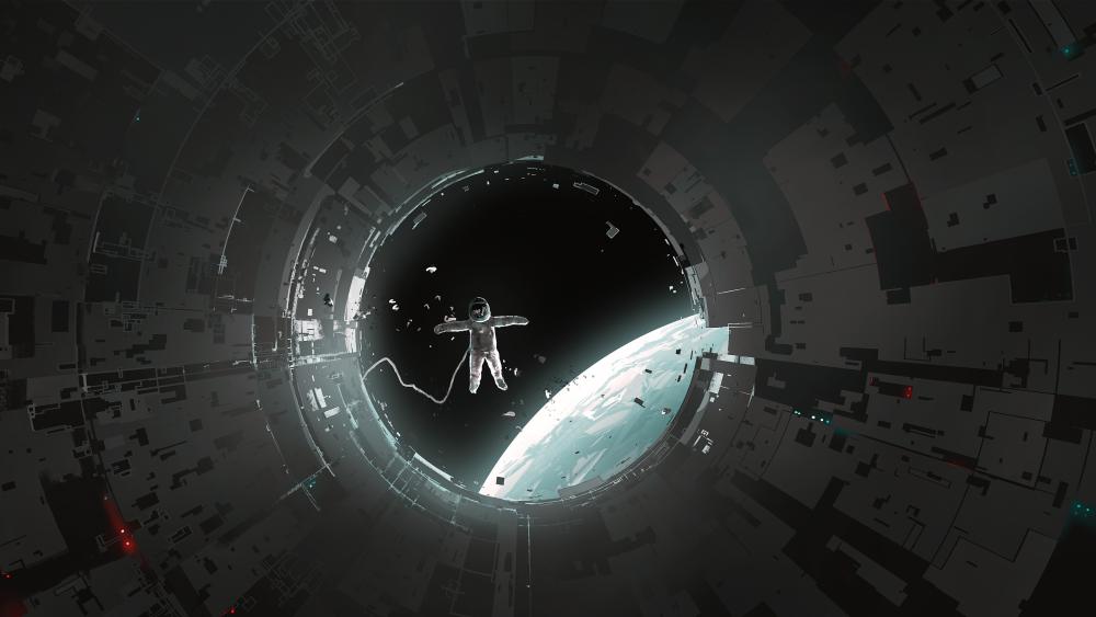 Drifting Astronaut Through a Cosmic Gate Above Frozen Worlds wallpaper