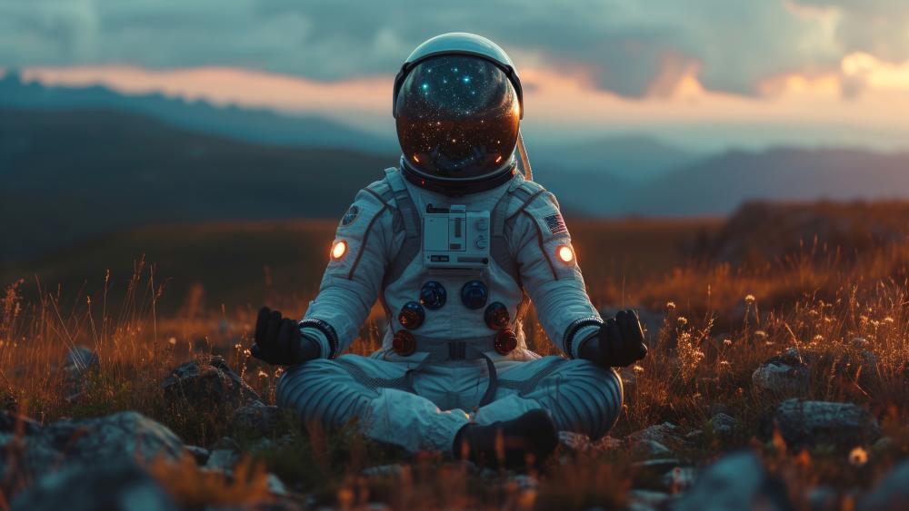 Cosmic Zen Astronaut Meditating in a Sunset Field wallpaper