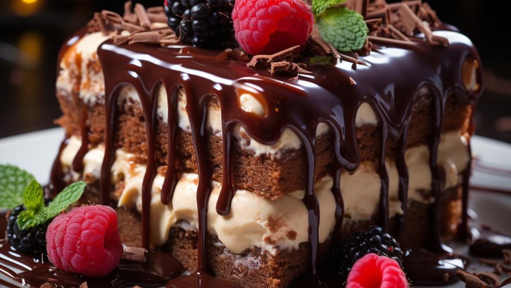 Decadent Chocolate Ganache Cake with Raspberries and Mint wallpaper