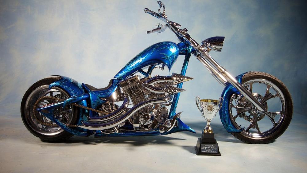 Award Winning Blue Chrome Chopper Motorcycle Showcase Wallpaper wallpaper