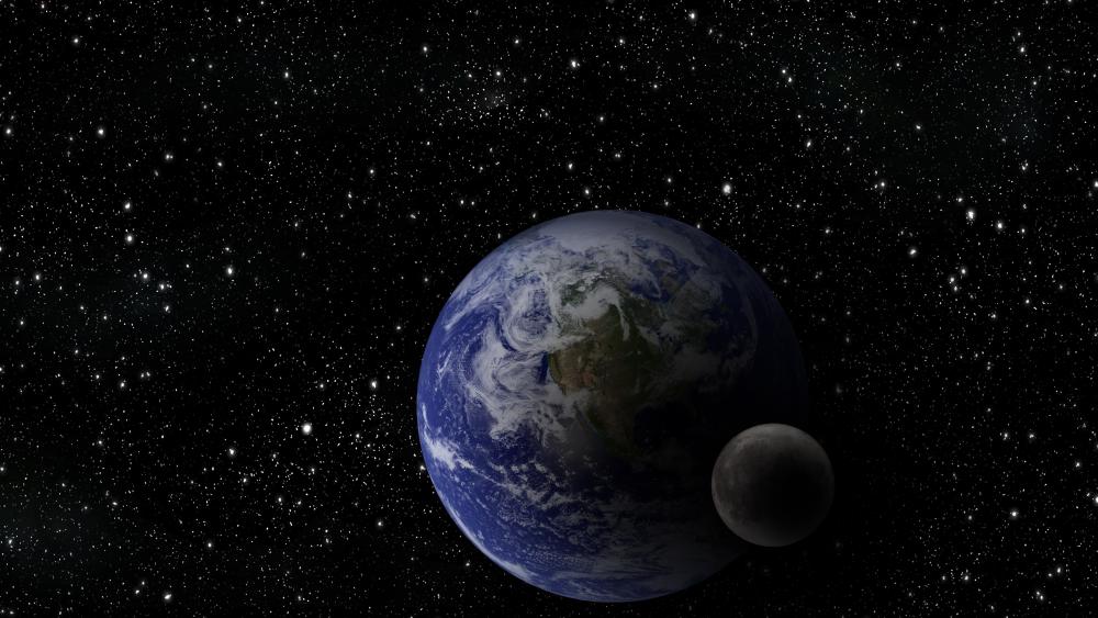 Earth and Moon Drifting Through a Deep Starfield in 4K wallpaper