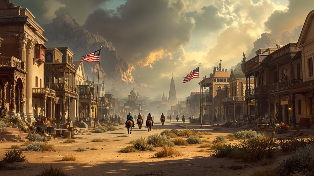 Sunlit Frontier Street in a Fantasy Old West Settlement wallpaper