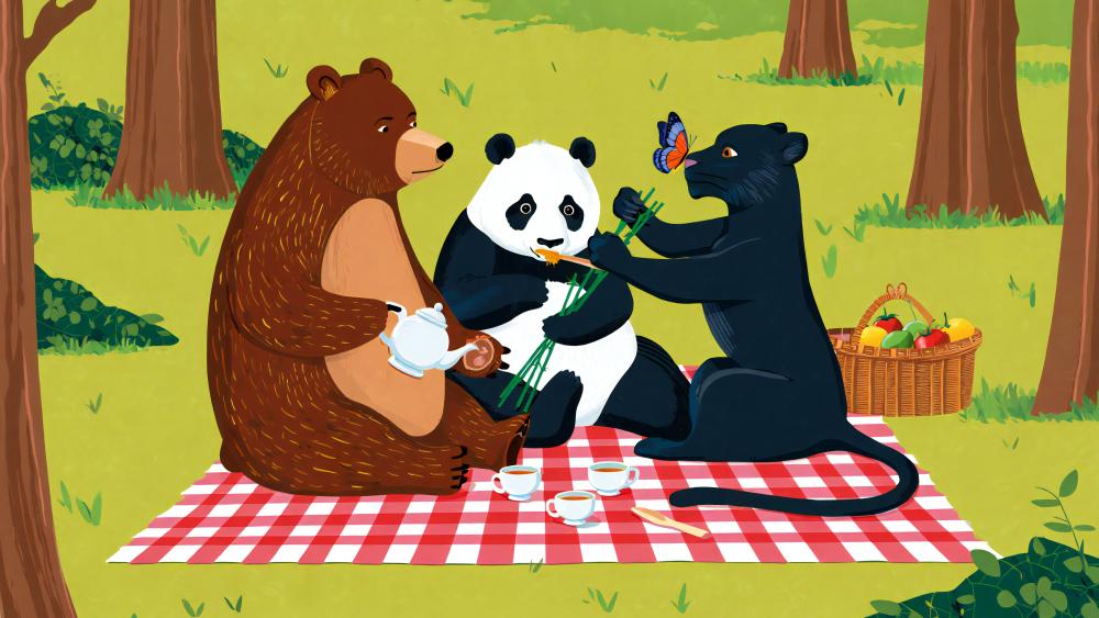 Whimsical Forest Picnic With Bear Panda And Panther Friends wallpaper