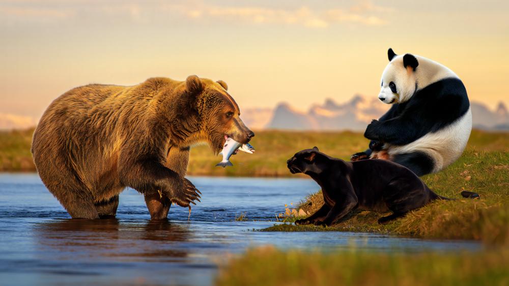 Twilight Fishing Expedition with Bear Friends in a Fantasy Riverside wallpaper