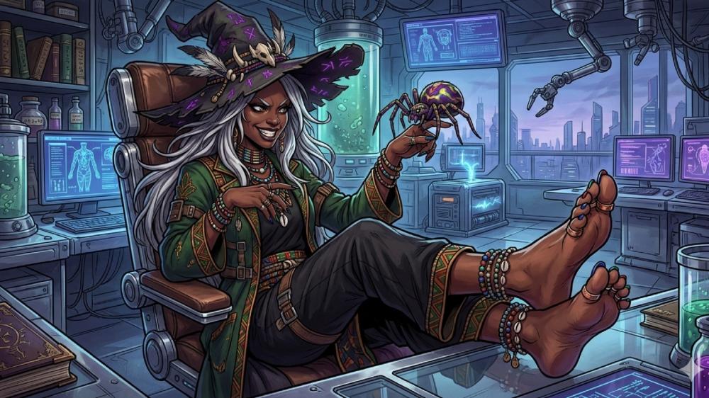 Silver Haired Cyberpunk Witch in Neon Lab Sanctuary wallpaper