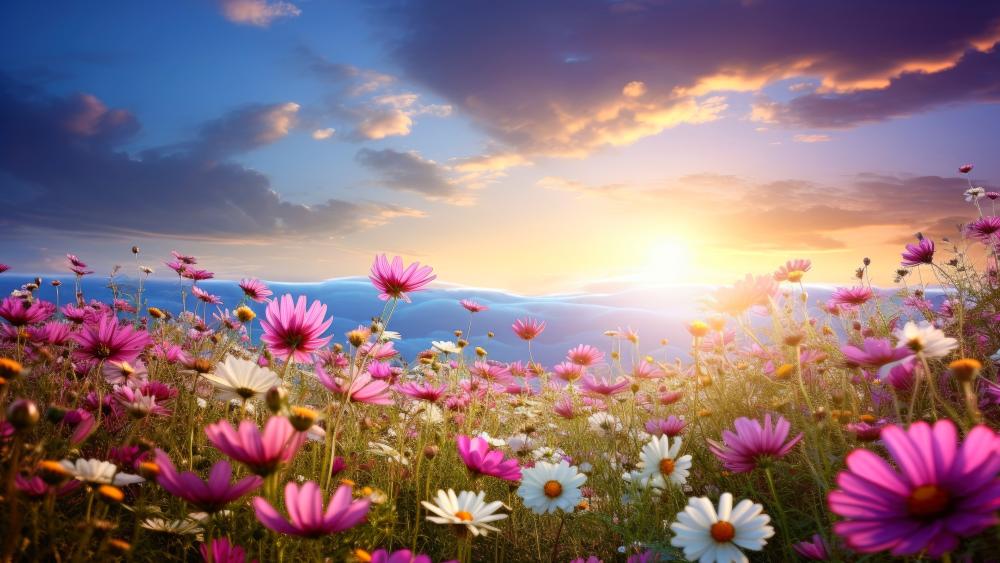 Sunlit Cosmos Meadow at Golden Horizon in Ultra HD wallpaper