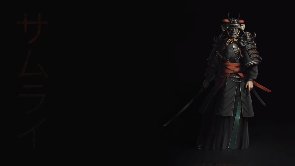 Shadowborne Samurai with Katana and Kanji in Midnight Silence wallpaper