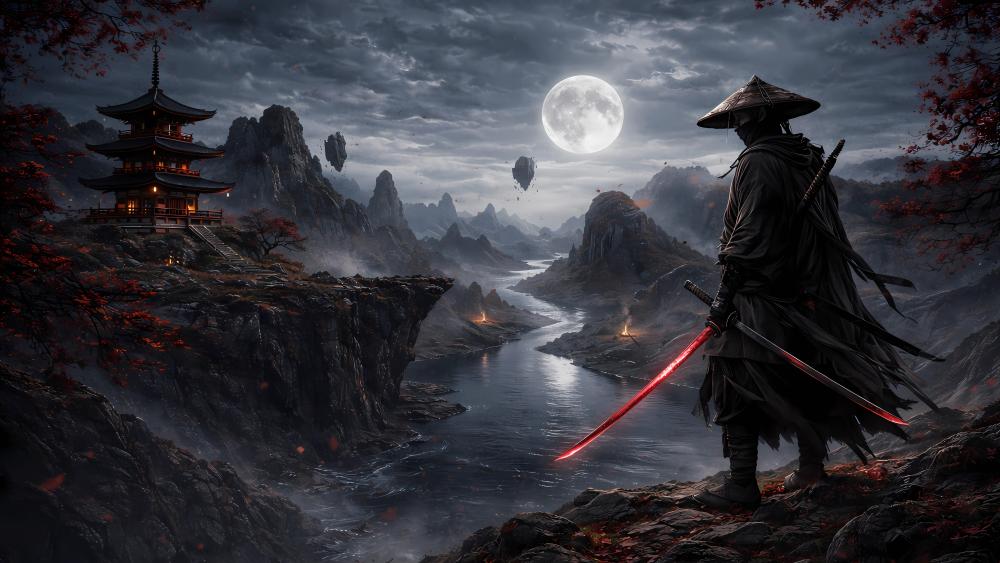 Moonlit Samurai Vigil Over Floating Mountains and Temple Sanctuary wallpaper