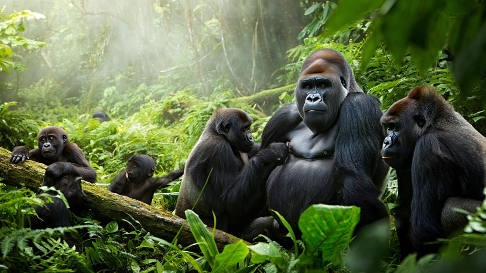 Majestic Gorilla Family in Lush Misty Rainforest Sanctuary wallpaper