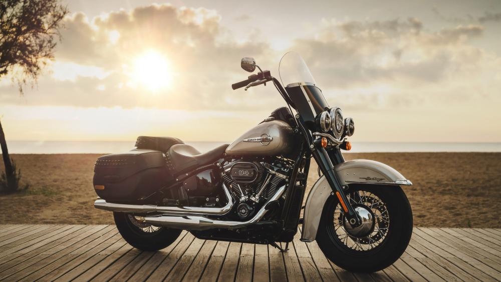 Harley Davidson Heritage Classic Cruiser at Sunrise Beachside Boardwalk wallpaper